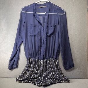 ZARA Trafaluc Jumpsuit Romper, Navy Blue Sheer Top Gold Sequins Shorts, Women XS